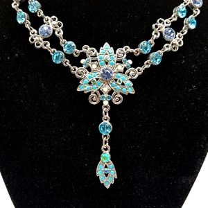 Victorian Style Filigree Floral Fashion Necklace, Silver and Blue